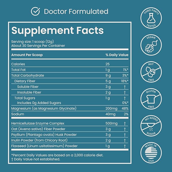 Nighttime Prebiotic Fiber Powder with Digestive Enzymes & Magnesium Glycinate for Sleep | Gut Health Supplement for Women & Men - Digestion Support, Bloating Relief - Citrus, 30 Scoops
