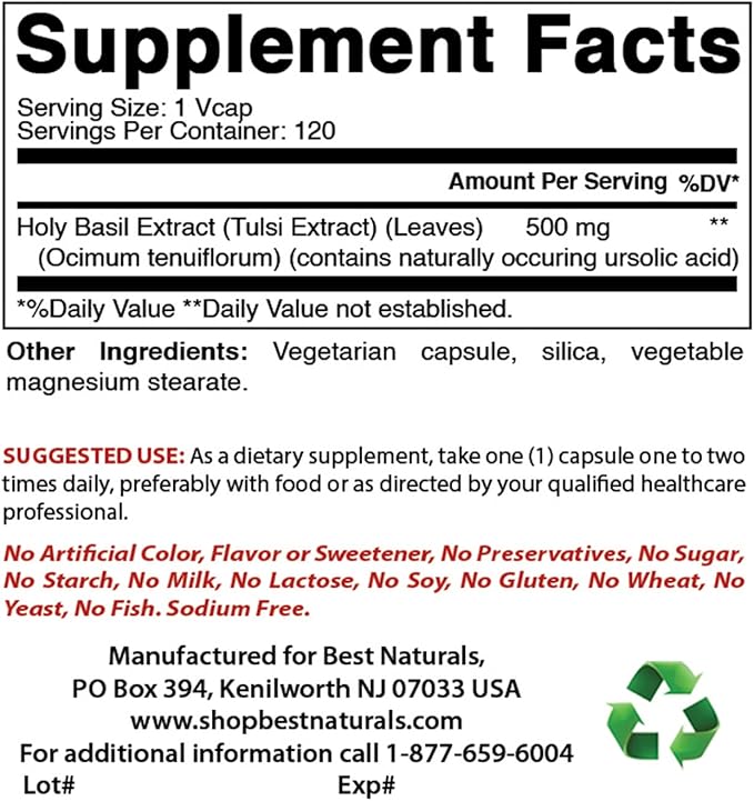 Best Naturals Holy Basil Extract 500 mg 120 VCaps (120 Count (Pack of 2))