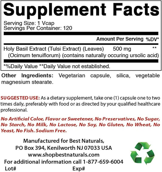 Best Naturals Holy Basil Extract 500 mg 120 VCaps (120 Count (Pack of 2))