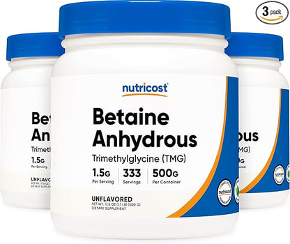 Nutricost Betaine Anhydrous Trimethylglycine (TMG) Powder 500G (3 Bottles)