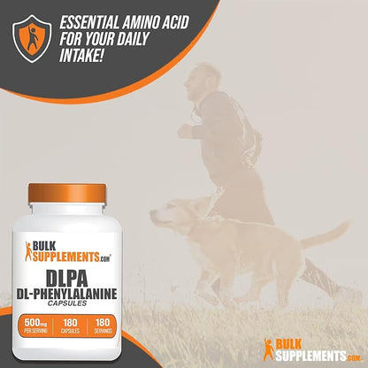 BulkSupplements.com DL-Phenylalanine Capsules - DLPA Capsules, DL-Phenylalanine 500mg - DLPA Supplements, Amino Acid Supplement - Gluten Free, 1 Capsule per Serving, 180 Capsules