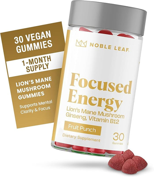 Lion's Mane Mushroom Gummies for Focus and Energy - Focus Gummies for Adults with American Ginseng & B12 for Clarity & Natural Energy, Gluten Free, Fruit Punch Flavor, 30 Count