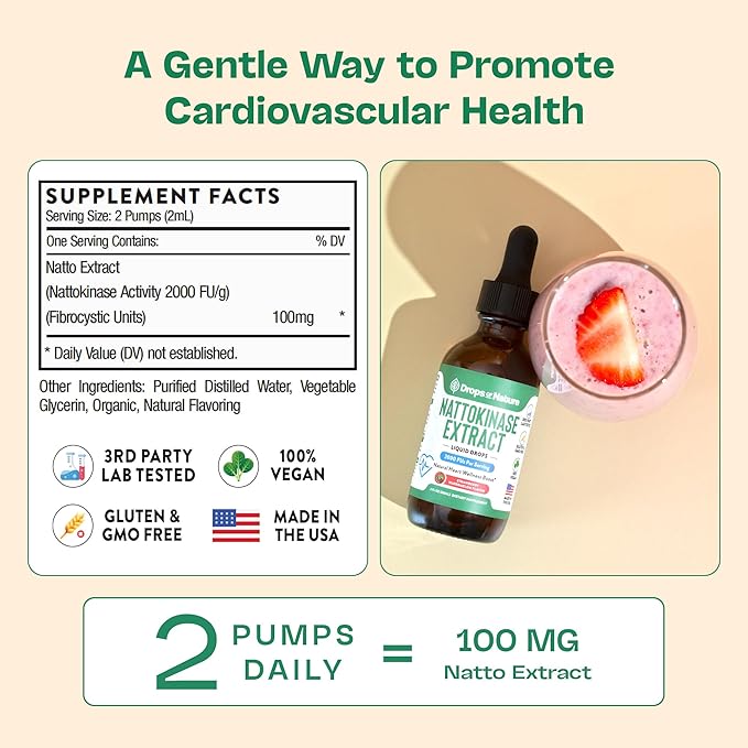 Nattokinase Supplement Liquid Drops – Made of Nattokinase 2000 FU Extract – Vegan, GMO-Free – Liquid Alternative to Natto Veggie Caps – Aids in Maintaining Heart Wellness (Strawberry Watermelon, 60mL)