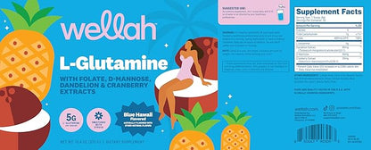 Wellah L-Glutamine Powder Blue Hawaii (50 Servings) - 5g L-Glutamine Per Serving, Sweetened with Stevia