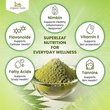 Organic Veda Neem Leaf Powder - Gentle Dried Organic Neem Leaves Powder - Herbal Supplement for Skin, Gut Cleanse & Immune Support - Non-GMO, Gluten-Free, Vegan – 4 oz