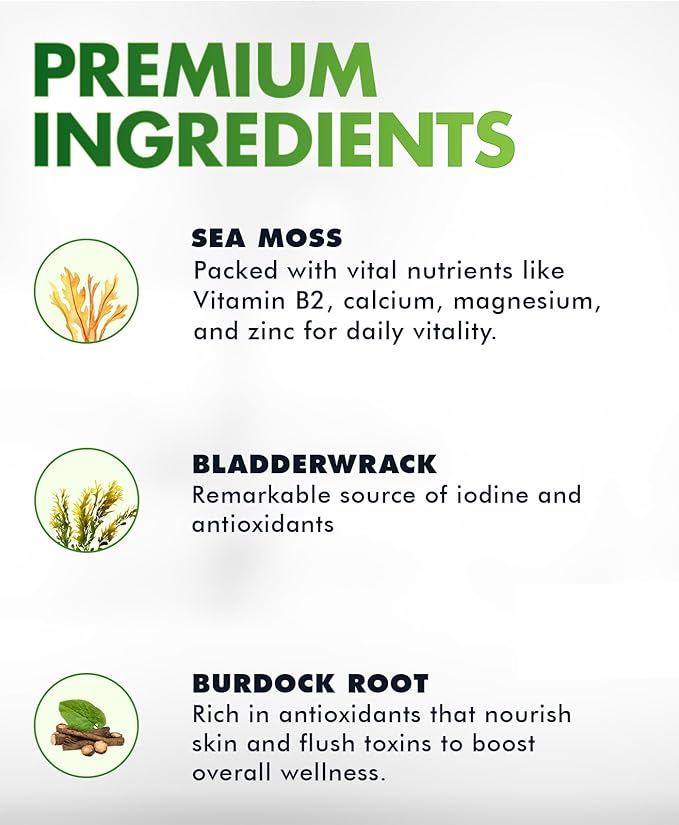 Sea Moss Gummies - Irish sea Moss raw Organic, Bladderwrack, Burdock Root. Contains Sea Moss Gel and Powder. Superfoods for Vegan, Keto and Dr Sebi Diet. Immune Boosting (2 Packs)