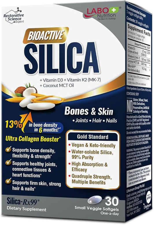 LABO Nutrition Bioactive Silica | Vegan Support for Strong Joint, Bones & Healthy Collagen Production, Glowing Skin, Strong Hair & Nails | 99% Purity Rice-Derived Silica Supplement, 30 Vegan Softgel