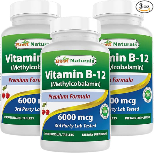 Best Naturals Vitamin B-12 as Methylcobalamin (Methyl B12), 6000 mcg 120 Sublingual Tablets (120 Count (Pack of 3))