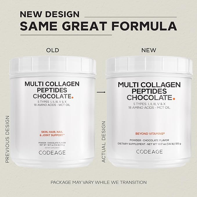 Codeage Multi Collagen Chocolate Protein Powder - Hydrolyzed Bovine Collagen Peptides, 5 Collagen Types & MCT Oil - Collagen Creamer, Chocolate Collagen Peptides - Protein Shakes - Non-GMO - 18.17 oz