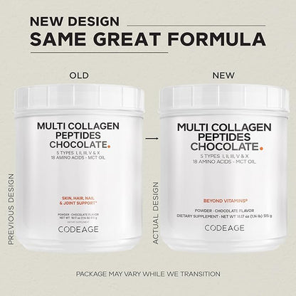 Codeage Multi Collagen Chocolate Protein Powder - Hydrolyzed Bovine Collagen Peptides, 5 Collagen Types & MCT Oil - Collagen Creamer, Chocolate Collagen Peptides - Protein Shakes - Non-GMO - 18.17 oz
