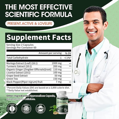 Moringa Capsules,Rich Moringa Powder with Turmeric & Ginger,A Natural Green Antioxidant Superfood - Supports Energy,Skin Health,Gut Health,60pcs 2packs