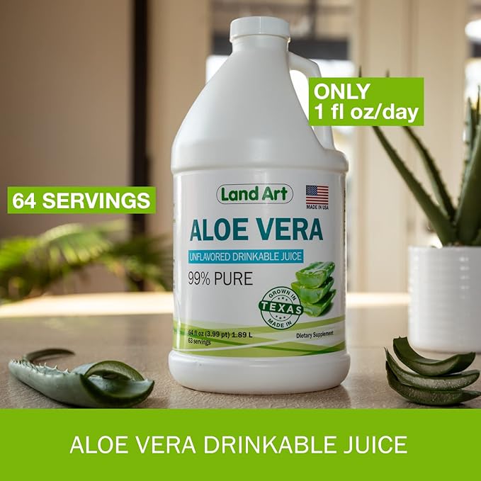 Land Art - Pure Aloe Vera Juice Unflavored – Cold-Processed - 99.7% Organic Aloe Vera Inner Fillet from Fresh Texas Leaves – Digestive Health, Detox and Natural Wellness – 64 fl oz