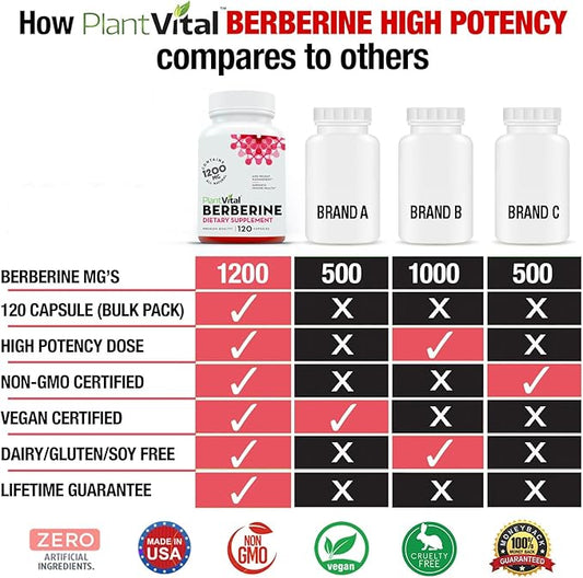 Plantvital Berberine 1200mg (2 caps) Non-GMO Supplement for Immunity Support and Normal Cardiovascular Health - 240 Count, Vegan, and Made in The USA