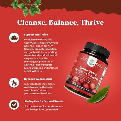 Cleansing Apple Cider Vinegar Capsules - ACV Cleanse and Detox Pills for Gut Digestive Health with Slimming Cayenne Extra Strength Full Body (60 Servings)