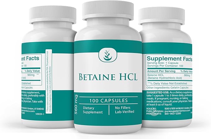 PURE ORIGINAL INGREDIENTS Betaine HCL, (100 Capsules) Always Pure, No Additives Or Fillers, Lab Verified