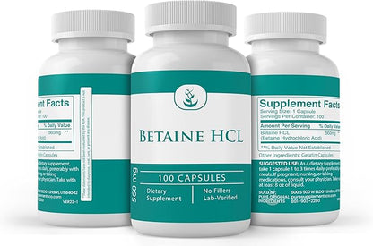 PURE ORIGINAL INGREDIENTS Betaine HCL, (100 Capsules) Always Pure, No Additives Or Fillers, Lab Verified