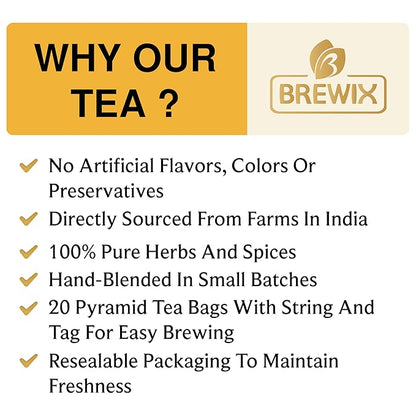 BREWIX, Turmeric Ginger Herbal Tea Bags (20 Pyramid Tea Bags) Real Ingredients From India, Naturally Caffeine Free | Pure Herbal Blend | Packed in Resealable Ziplock Pouch