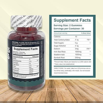 Premium Sea Moss Gummies, Irish Sea Moss Supplement with Bladderwrack and Burdock Root, Vegan Support Detox Gummies, Plant-Based Wellness, for Gut Health, Superfood 60ct
