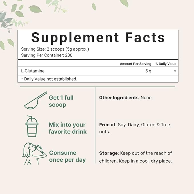 L Glutamine Powder Gut Health, 1Kg, 100% Pure, Free Form - Unflavored- Vegan Friendly, No Filler, No additives, Supports Muscle Recovery, Post Workout | Non-GMO & Gluten-Free
