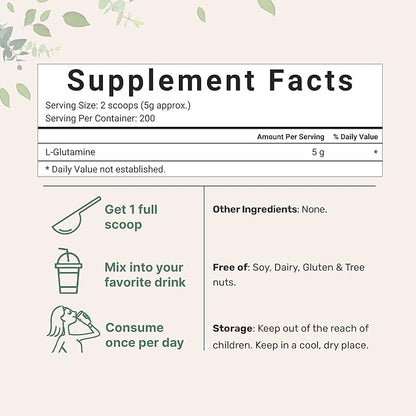 L Glutamine Powder Gut Health, 1Kg, 100% Pure, Free Form - Unflavored- Vegan Friendly, No Filler, No additives, Supports Muscle Recovery, Post Workout | Non-GMO & Gluten-Free