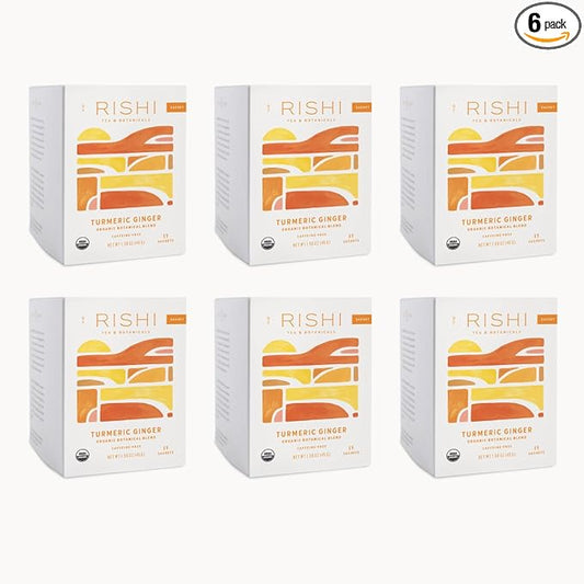Rishi Tea Turmeric Ginger Herbal Tea - Organic Sachet Bags, Caffeine Free Ayurvedic Digestive Blend with Spicy Ginger & Citrus - 15 Count (Pack of 6)