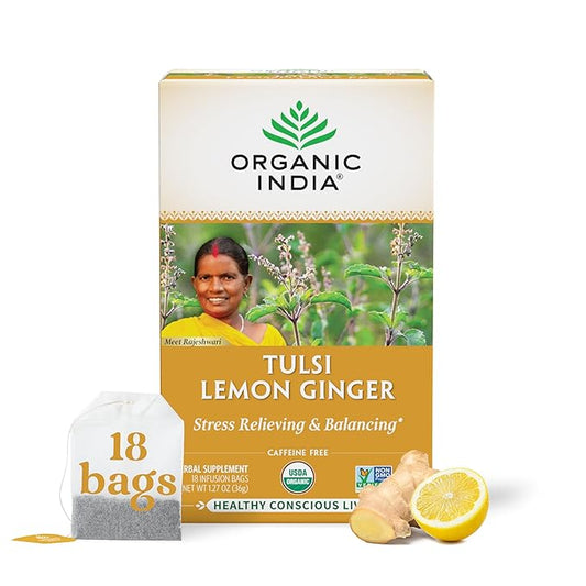 ORGANIC INDIA Tulsi Lemon Ginger Tea Bags - Herbal Tea, Stress Relieving & Reviving, Immune Support, Aids Digestion, Vegan, USDA Certified Organic, Non-GMO, Caffeine-Free - 18 Infusion Bags, 1 Pack
