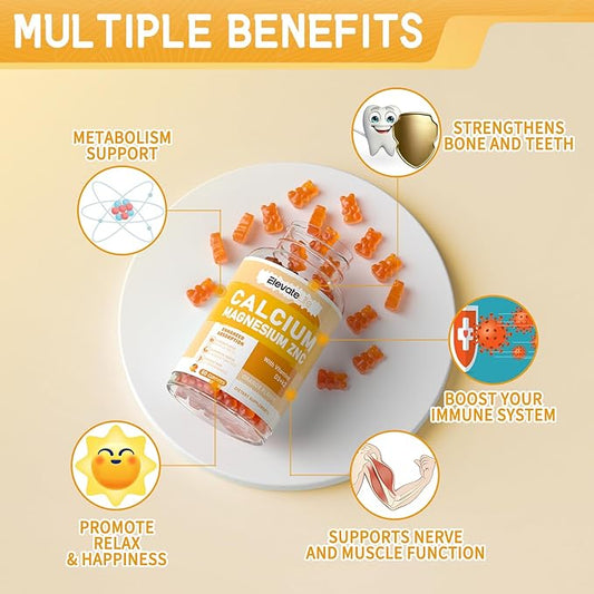Calcium Magnesium Zinc Gummies with Vitamin D3 & K2 - High Potency Enhanced Absorption -60 Orange Gummies Flavored