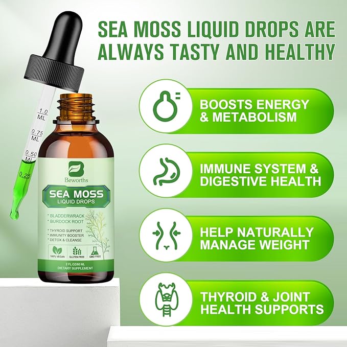 Sea Moss Liquid Drops - Organic Irish Sea Moss Gel with Spirulina, Bladderwrack, Burdock Root, Seamoss Gel Supplement for Joint, Detox Cleanse & Digestion Support - 2 Fl Oz, Vegan