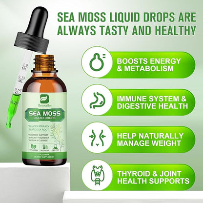 Sea Moss Liquid Drops - Organic Irish Sea Moss Gel with Spirulina, Bladderwrack, Burdock Root, Seamoss Gel Supplement for Joint, Detox Cleanse & Digestion Support - 2 Fl Oz, Vegan