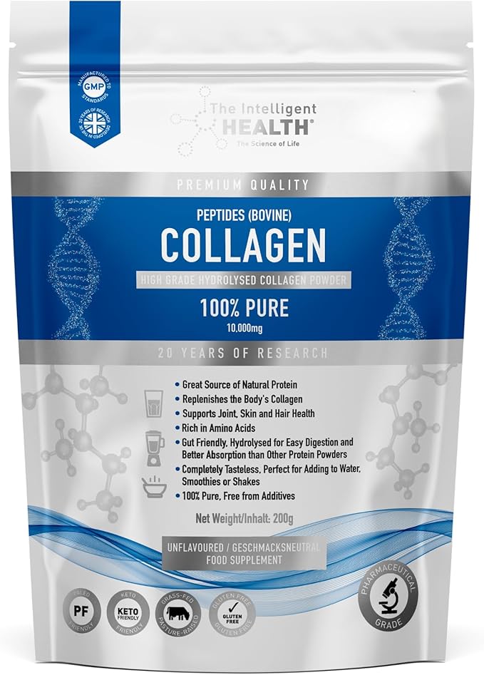 The Intelligent Health Hydrolyzed Collagen Peptides Powder, Grass Fed, High Protein, Unflavored, Gluten-Free, Paleo & Keto Friendly, 10g per Serving (200g) Supports Skin, Hair, Nails, Joints, & Bones