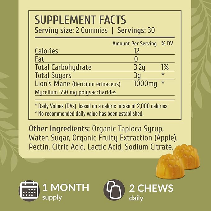 HERBAMAMA Lion's Mane Gummies - 1000mg Lion's Mane Mushroom for Brain Clarity Support - Vegan, Non-GMO Focus Supplement for Adults - 60 Pectin-Based Apple-Flavored Chews