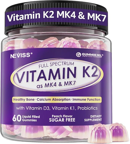 Vitamin K Complex Gummies (Vitamin K2 MK7 MK4, Vitamin K1) w/Vitamin D3, Full Spectrum Vitamin K2 Supplement for Bone Health, Calcium Absorption, Antioxidant, Sugar Free Vitamin K2 Gummy, 60 Cts