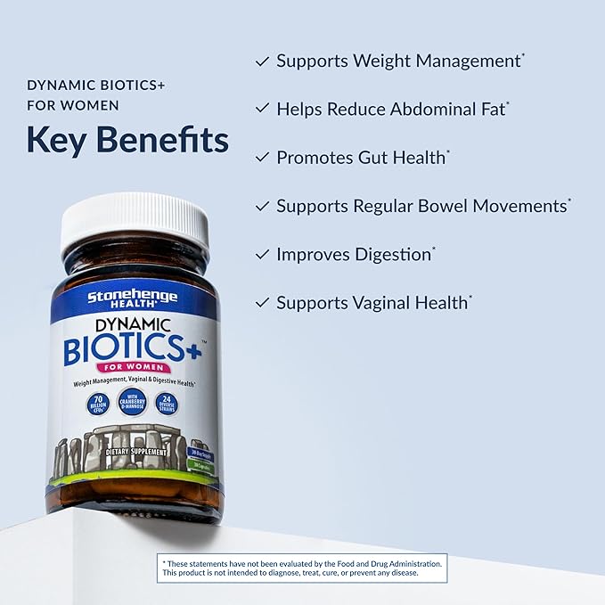 Stonehenge Health Probiotics 70 Billion CFU + 24 Strains, Prebiotic, Dynamic Biotics+ for Women, New Formula for Weight Management, Digestive & Vaginal Support, Delayed Release Shelf Stable Non-GMO
