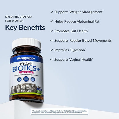 Stonehenge Health Probiotics 70 Billion CFU + 24 Strains, Prebiotic, Dynamic Biotics+ for Women, New Formula for Weight Management, Digestive & Vaginal Support, Delayed Release Shelf Stable Non-GMO