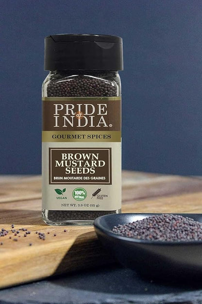 Pride of India – Brown Mustard Seed Whole – Gourmet Indian Spice – Hot & Spicy Flavor – Ideal seasoning for sauces/dips/spice blends – Easy to Use – 2.5 oz. Small Dual Sifter Bottle