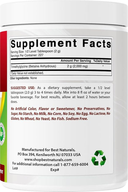 Best Naturals Betaine Anhydrous Trimethylglycine (TMG) Pure Powder 1 Pound (1 LB (Pack of 2))