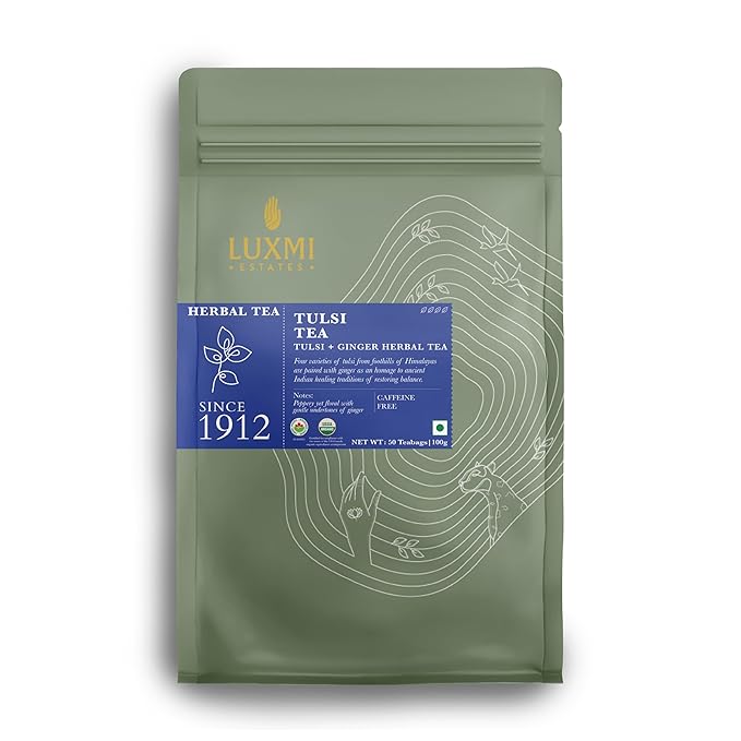 Luxmi Estates, Organic Tulsi Tea, 50 Tea Bags, Caffeine Free, Non-GM and Organic, for Immunity, Inflammation, and Stress Relief