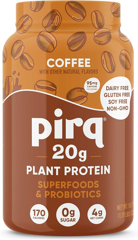 Pirq Dairy Free Protein Powder with 20g Protein, Plant Based, 2B CFU Probiotics, 25 Superfoods Greens and Fruits, Vegan, 0g Sugar (14 Servings)(Coffee)