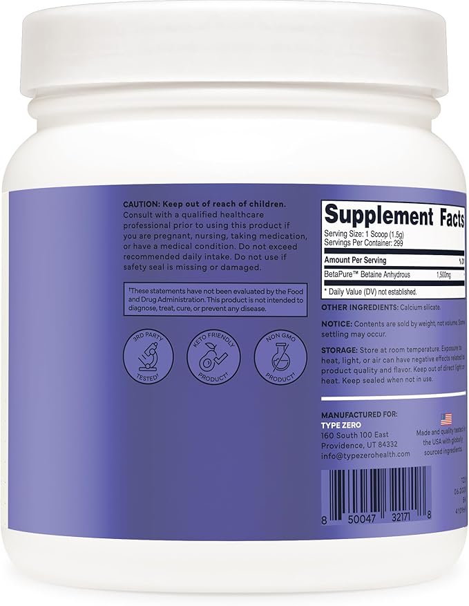 Type Zero Betaine Anhydrous Powder (1 LB) Unflavored - Clean Betaine Anhydrous Supplement, TMG, Trimethylglycine, 1,500mg Per Serving, Keto, GMO-Free
