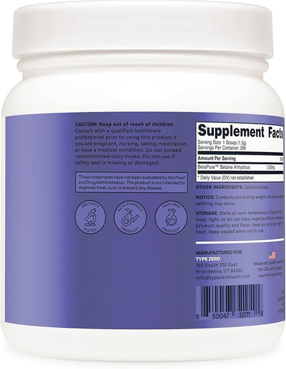 Type Zero Betaine Anhydrous Powder (1 LB) Unflavored - Clean Betaine Anhydrous Supplement, TMG, Trimethylglycine, 1,500mg Per Serving, Keto, GMO-Free