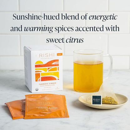 Rishi Tea Turmeric Ginger Herbal Tea - Organic Sachet Bags, Caffeine Free Ayurvedic Digestive Blend with Spicy Ginger & Citrus - 15 Count (Pack of 1)