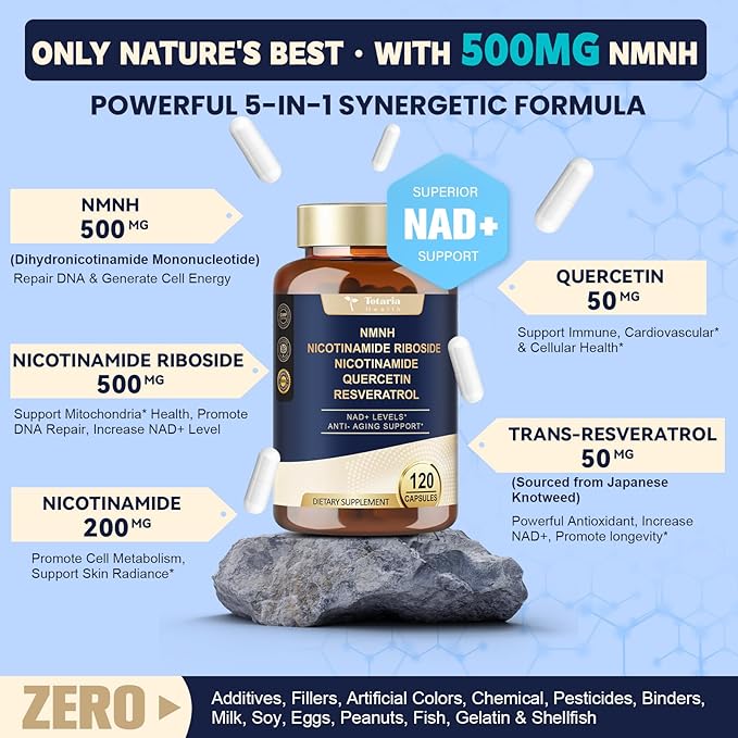 NMNH Supplement (Dihydronicotinamide Mononucleotide) – Advanced NAD+ Support with Niacinamide, Quercetin & Resveratrol | 120 Vegan Capsules | Anti-Aging, Cellular Health & Energy Support