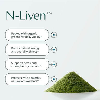 Natura Health Products N-liven Supplement - Organic Superfood Greens Powder Drink - Including Spirulina & Chlorophyll - Premier Blend of Barley Grass, Kale, Spinach, Goji Berry, Raspberry (180 Grams)
