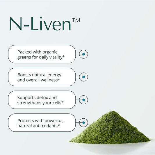 Natura Health Products N-liven Supplement - Organic Superfood Greens Powder Drink - Including Spirulina & Chlorophyll - Premier Blend of Barley Grass, Kale, Spinach, Goji Berry, Raspberry (180 Grams)