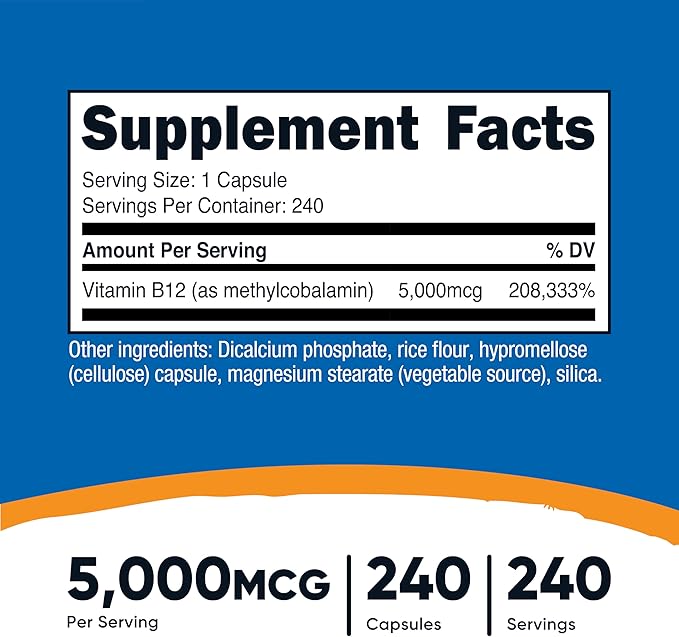Nutricost Vitamin B12 (Methylcobalamin) 5000mcg, 240 Capsules - Vegetarian Caps, Non-GMO, Gluten Free B12 Supplement