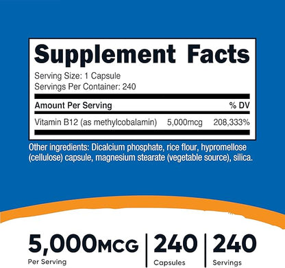 Nutricost Vitamin B12 (Methylcobalamin) 5000mcg, 240 Capsules - Vegetarian Caps, Non-GMO, Gluten Free B12 Supplement