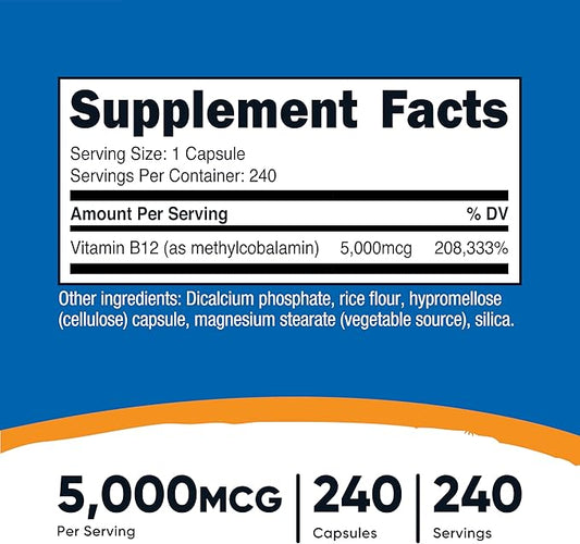 Nutricost Vitamin B12 (Methylcobalamin) 5000mcg, 240 Capsules - Vegetarian Caps, Non-GMO, Gluten Free B12 Supplement