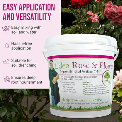 Eden Rose & Flower Organic Enriched Fertilizer | Neem Plant Food-7-5-3 Enriched Formula | for Best Flower Growth (5lbs)