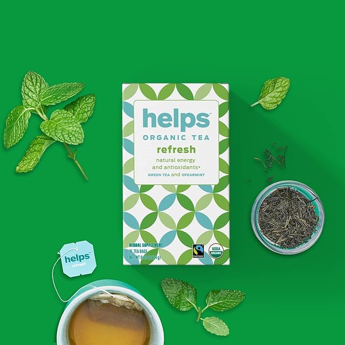 HELPS TEAS | Helps Refresh | Organic Green Tea with Spearmint. Natural Energy, Antioxidant, Slimming And Thermogenic Herbal Tea| 16 Tea Bags - Pack of 3 |