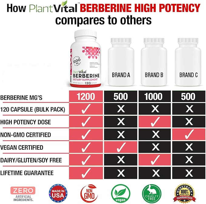 PlantVital Berberine 1200mg (2 caps) Non-GMO Supplement for Immunity Support and Normal Cardiovascular Health - 120 Count, Vegan, and Made in the USA